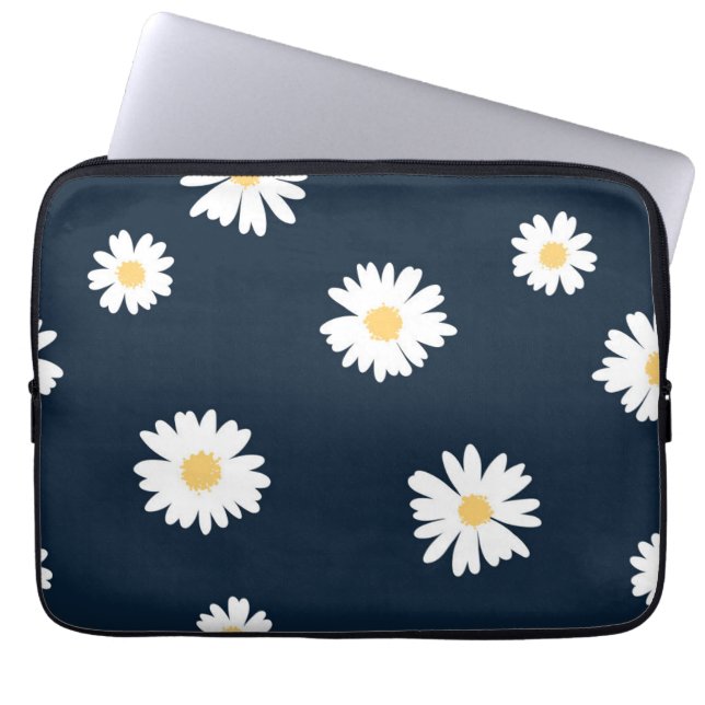 Daisy op blauw patroon laptop sleeve (Voorkant)