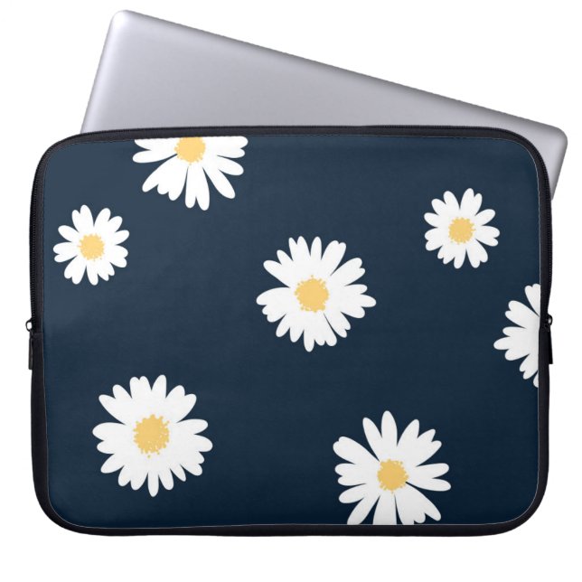 Daisy op blauw patroon laptop sleeve (Voorkant)