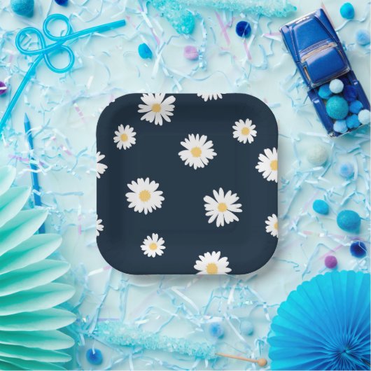 Daisy op blauw patroon papieren bordje (Feest)