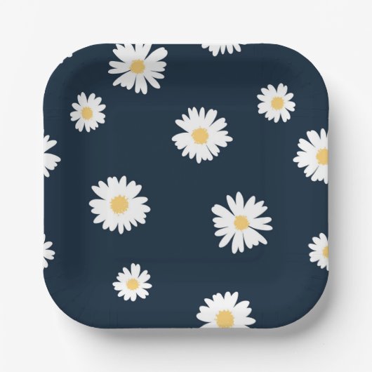 Daisy op blauw patroon papieren bordje (Voorkant)