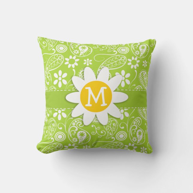 Daisy op Citron Green Paisley; Bloemen Kussen (Voorkant)