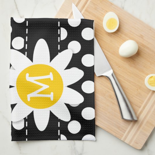 Daisy op zwart en wit Polka Dots Theedoek (Quarter Fold)