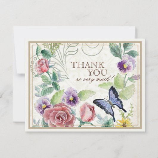 Daisy, Pansy, Roos in Butterfly - Weddenschap Dank Bedankkaart (Achterkant)