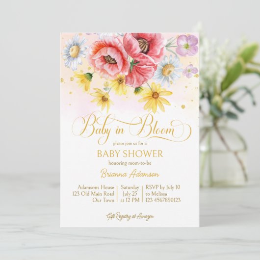 Daisy papaver baby in bloei baby shower sjabloon kaart (Staand voorkant)