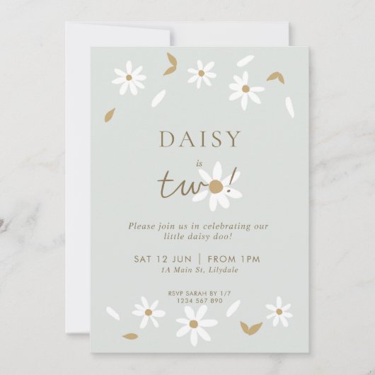Daisy Party 2e Birthday Invitation - Sage Kaart (Voorkant)