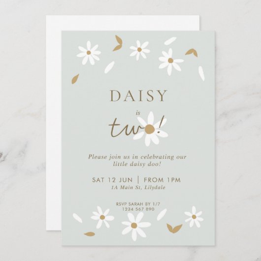 Daisy Party 2e Birthday Invitation - Sage Kaart (Voorkant / Achterkant)