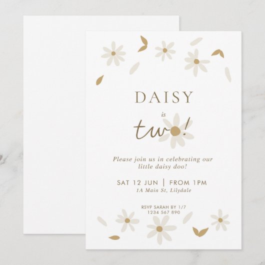 Daisy Party 2e Birthday Invitation - White Kaart (Voorkant / Achterkant)