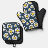 Daisy patroon, bloemenpatroon, witte madeliefjes ovenwant & pannenlap set (Voorkant / Achterkant)