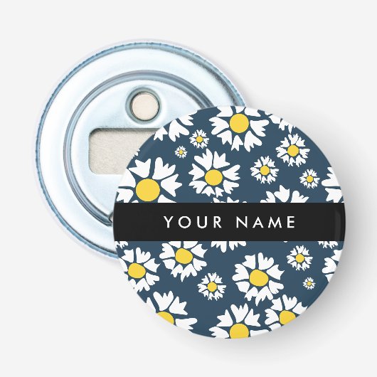 Daisy Patroon, Witte Madeliefjes, Uw Naam Button Flesopener (Voorkant)