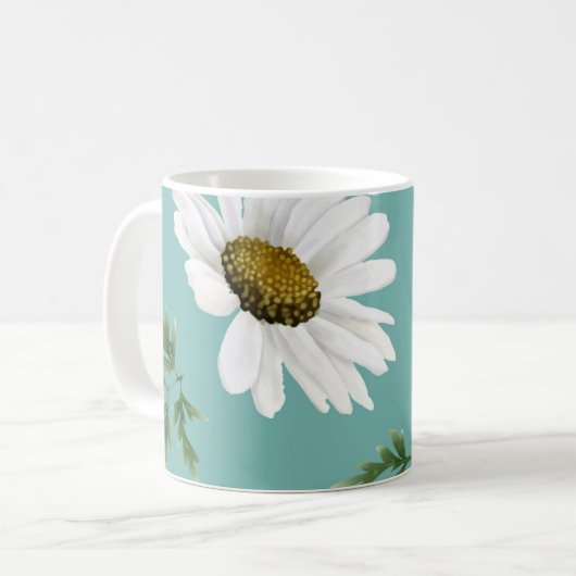 Daisy Pattern, Blauwgroen achtergrond Koffiemok (Voorkant links)
