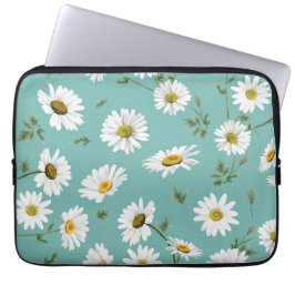 Daisy Pattern, Blauwgroen achtergrond Laptop Sleeve