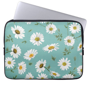 Daisy Pattern, Blauwgroen achtergrond Laptop Sleeve