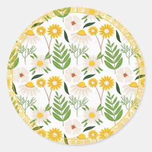 Daisy Pattern, Golden-Yellow Trim Ronde Sticker