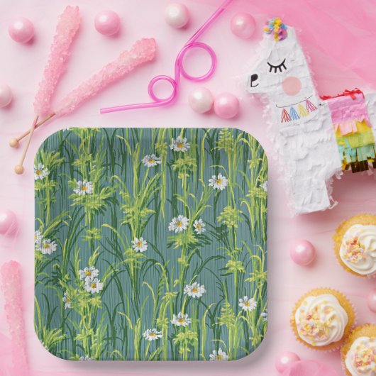 Daisy Pattern, groen patroon, Papieren Bordje (Feest)