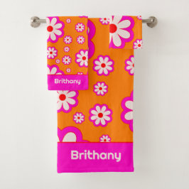 Daisy Pattern Roze & Sinaasappel 70s Retro Bloemen Bad Handdoek