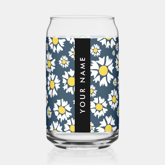 Daisy Pattern, Witte Daisies, Jouw naam Blikvorm Glas (Voorkant)
