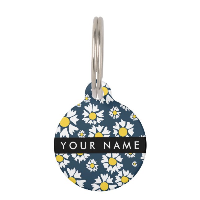 Daisy Pattern, Witte Daisies, Jouw naam Huisdierpenning (Voorkant)