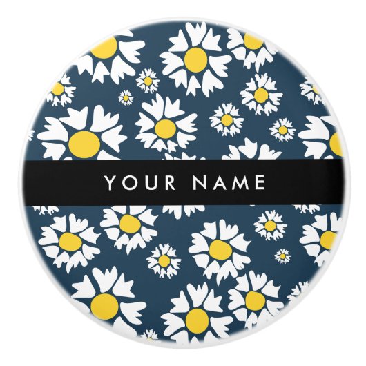 Daisy Pattern, Witte Daisies, Jouw naam Keramische Knop (Voorkant)