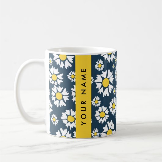 Daisy Pattern, Witte Daisies, Jouw naam Koffiemok (Links)