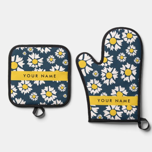 Daisy Pattern, Witte Daisies, Jouw naam Ovenwant & Pannenlap Set (Voorkant)