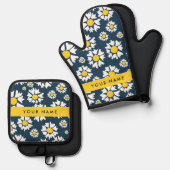 Daisy Pattern, Witte Daisies, Jouw naam Ovenwant & Pannenlap Set (Voorkant / Achterkant)