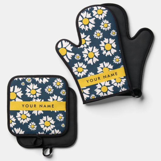 Daisy Pattern, Witte Daisies, Jouw naam Ovenwant & Pannenlap Set (Voorkant / Achterkant)