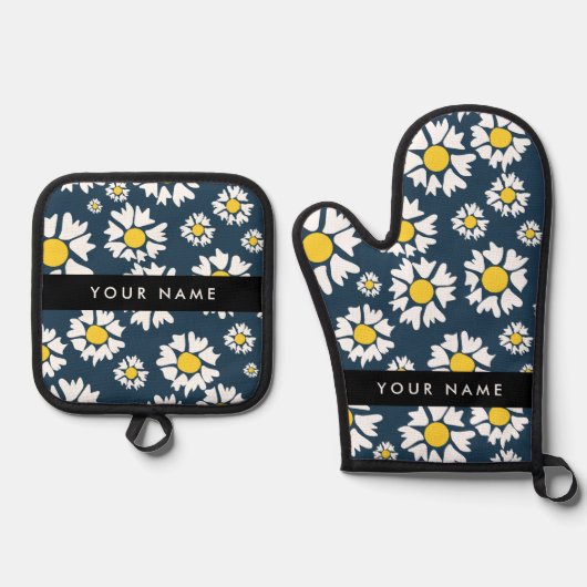 Daisy Pattern, Witte Daisies, Jouw naam Ovenwant & Pannenlap Set (Voorkant)