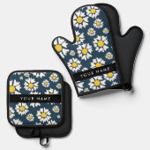 Daisy Pattern, Witte Daisies, Jouw naam Ovenwant & Pannenlap Set (Voorkant / Achterkant)