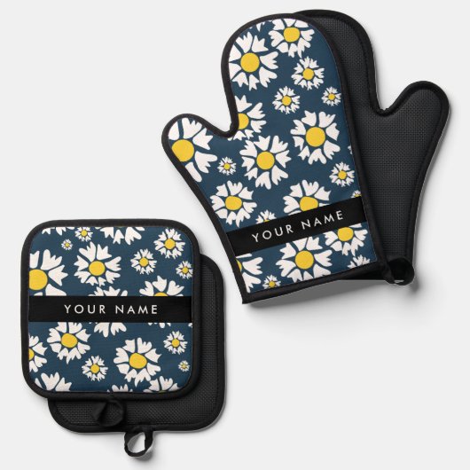 Daisy Pattern, Witte Daisies, Jouw naam Ovenwant & Pannenlap Set (Voorkant / Achterkant)