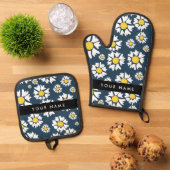 Daisy Pattern, Witte Daisies, Jouw naam Ovenwant & Pannenlap Set (Top down)