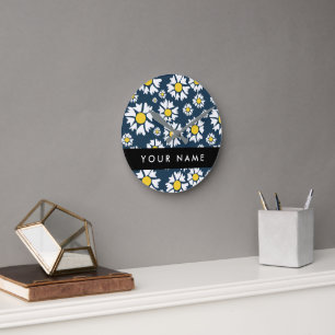 Daisy Pattern, Witte Daisies, Jouw naam Ronde Klok