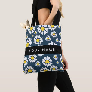 Daisy Pattern, Witte Daisies, Jouw naam Tote Bag