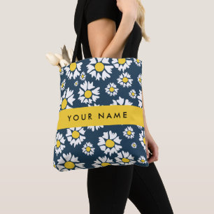 Daisy Pattern, Witte Daisies, Jouw naam Tote Bag