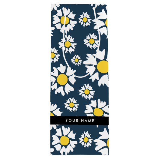 Daisy Pattern, Witte Daisies, Jouw naam Wijn Cadeautas (Voorkant)