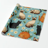 Daisy Paws Parade – Playful Cats & Blooms Cadeaupapier (Uitgerold)