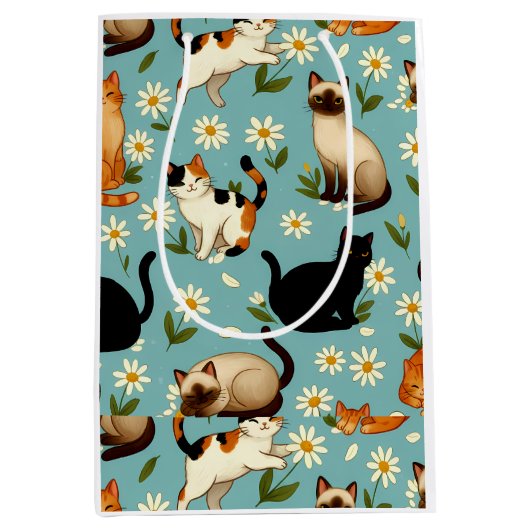 Daisy Paws Parade – Speelse Katten & Bloemen Medium Cadeauzakje (Voorkant)