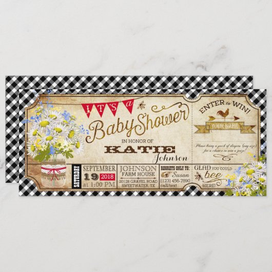 Daisy Picnic Black Gingham Check Baby shower Kaart (Voorkant / Achterkant)