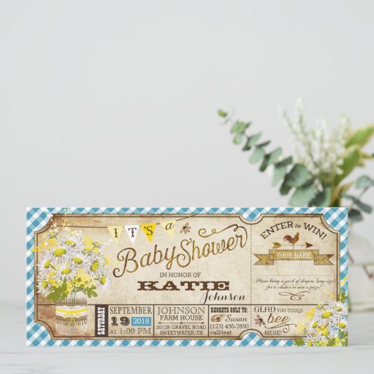 Daisy Picnic Blue Gingham Check Baby shower Kaart (Staand voorkant)