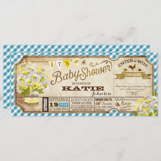 Daisy Picnic Blue Gingham Check Baby shower Kaart (Voorkant / Achterkant)