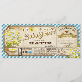 Daisy Picnic Blue Gingham Check Baby shower Kaart