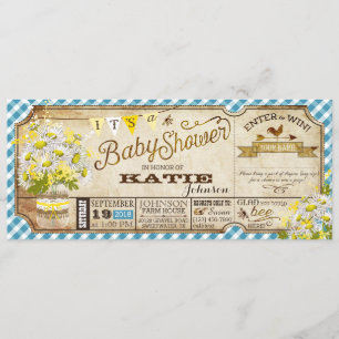 Daisy Picnic Blue Gingham Check Baby shower Kaart