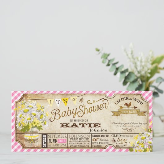 Daisy Picnic Pink Gingham Check Baby shower Kaart (Staand voorkant)