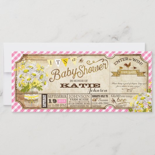 Daisy Picnic Pink Gingham Check Baby shower Kaart (Voorkant)