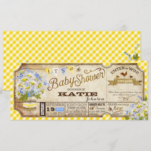 Daisy Picnic Yellow Gingham Check Baby shower Kaart (Voorkant / Achterkant)
