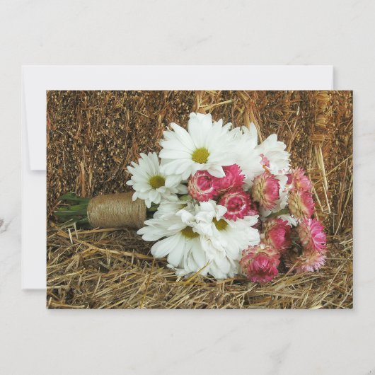 Daisy & Pink Bouquet & Hay Country Wedding Invite Kaart (Voorkant)