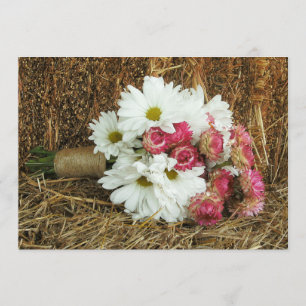 Daisy & Pink Bouquet & Hay Country Wedding Invite Kaart