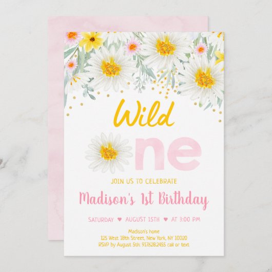 Daisy Pink Gold Wilde een eerste verjaardag Kaart (Voorkant / Achterkant)