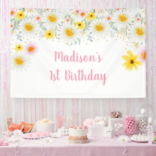 Daisy Pink Gold Wilde een eerste verjaardag Spandoek (Feest)
