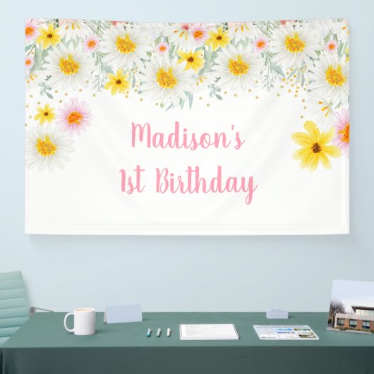 Daisy Pink Gold Wilde een eerste verjaardag Spandoek (Beurs)