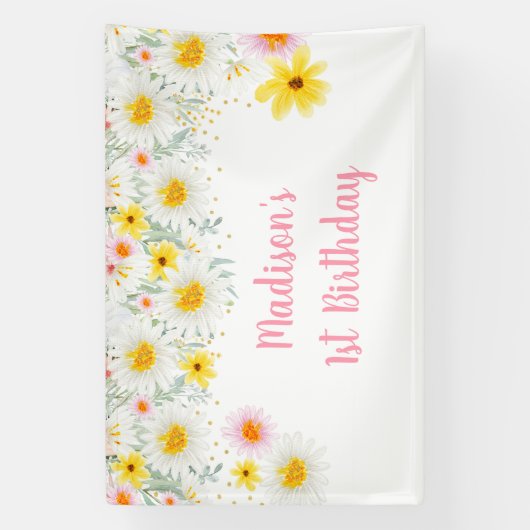 Daisy Pink Gold Wilde een eerste verjaardag Spandoek (Verticaal)